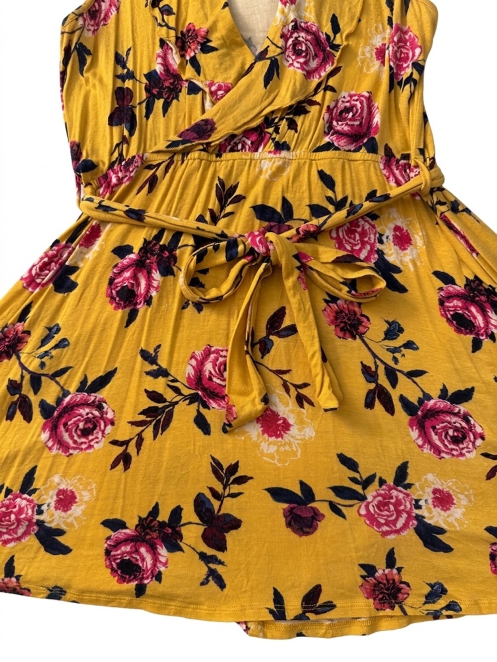 living doll Yellow Floral Wrap Mini Dress with Pink & Purple Blooms - Picture 4 of 9